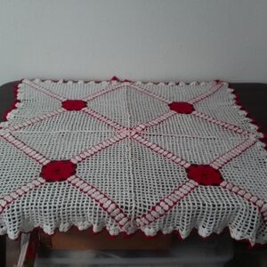 Crochet Table Cover with Red Accents